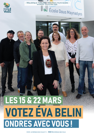 Affiche de campagne électorale du collectif Ondres avec Vous ! avec Eva BELIN, maire sortant de la Ville d'Ondres