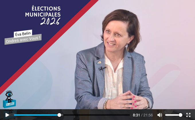 Image extraite de la vidéo de l'entretien t&eacute;l&eacute;vis&eacute; avec &Eacute;va BELIN, &agrave; l'occasion de la campagne &eacute;lectorale du premier tour de scrutin des &eacute;lections municipales 2026 &agrave; Ondres, sur TV Landes (40) - Lien externe vers le site Tvlandes.fr